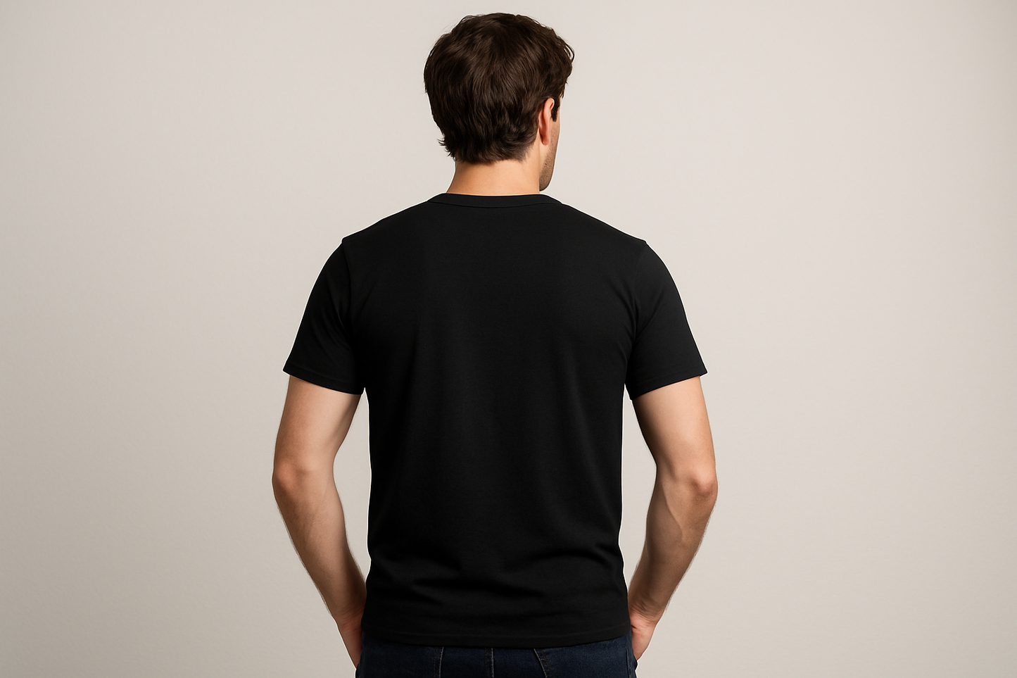 a man wearing a black tshirt posing to show the back side