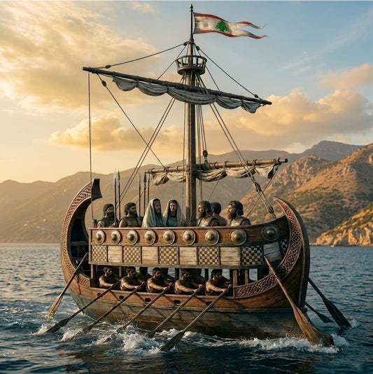 Phoenician Bireme warship sailing the Mediterranean with Lebanese flag — Kameo Shop