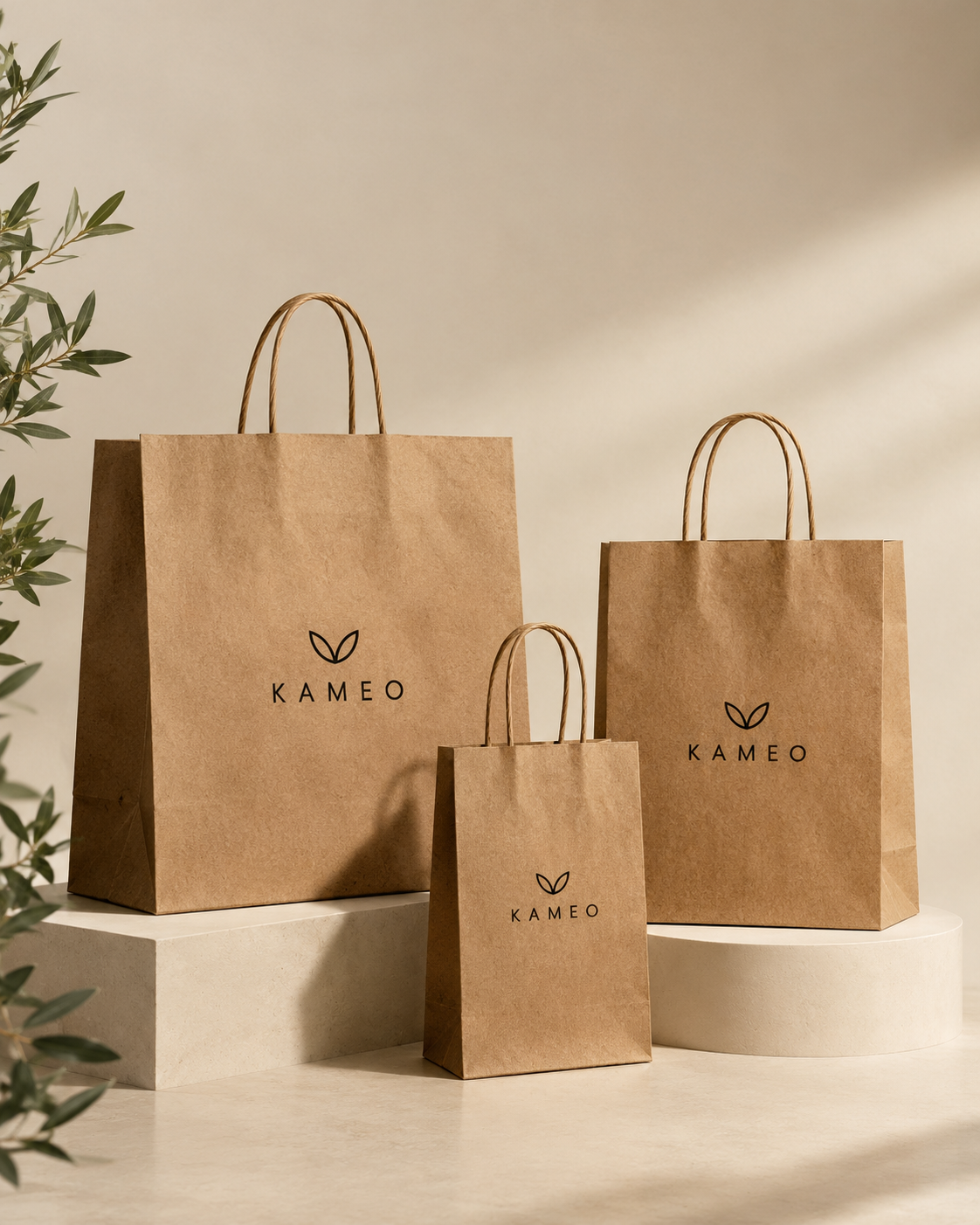Three kraft paper shopping bags in different sizes
