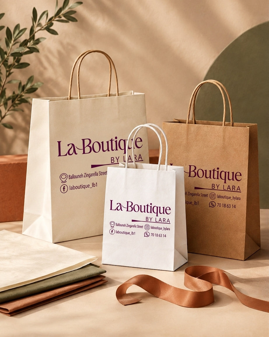 Printed kraft and white shopping bags example